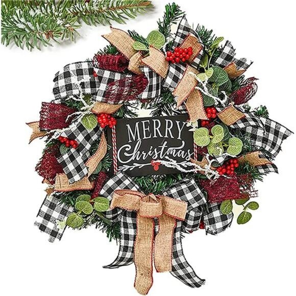 Christmas Buffalo Check Wreath, Outdoor Christmas Wreaths, Front Door Decoration - Picture 5 of 7